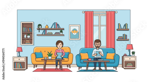 Illustration of a man and woman sitting on couches in a living room with blue walls and red curtains, surrounded by furniture and decor.