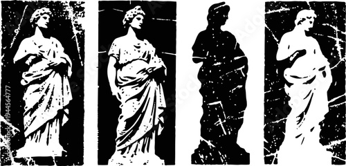Four black and white vintage statues, classical sculptures in long robes with worn textures and scratches