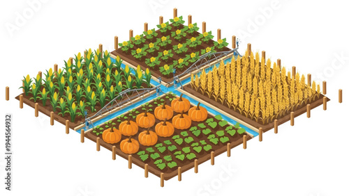 Pixel art illustration of a divided garden with various crops and blue irrigation channels on a white background.