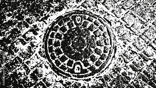 Black and white illustration of textured pavement with round manhole cover in the center