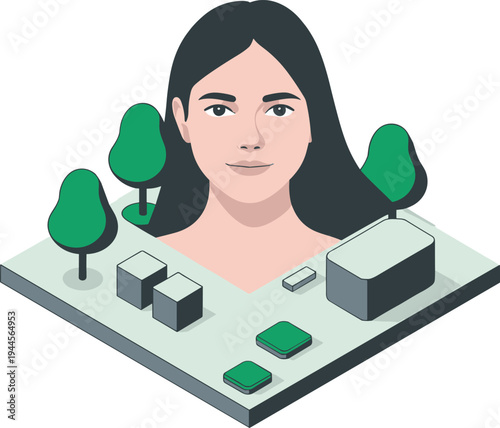 Woman portrait profile icon in urban environment, female avatar illustration with city buildings and trees, digital identity concept