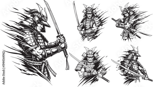 Samurai Japanees Eps Vector ink art hand drawing Tattoo With Sword 