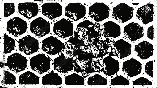 Honeycomb pattern with textured honey and bee on hexagonal cells black and white background