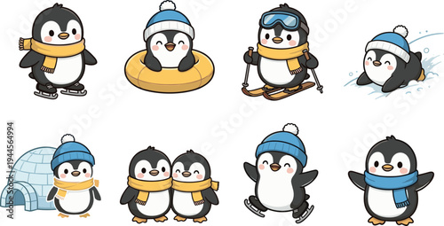 Cute cartoon penguin winter activities collection with scarf and hat, penguins skiing, ice skating, sliding, snow playing near igloo, adorable winter character illustration set