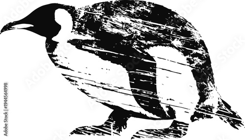 Monochrome penguin silhouette with textured distressed effect on white background