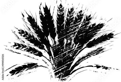 Black silhouette of wheat spikelets in a radial arrangement on white background