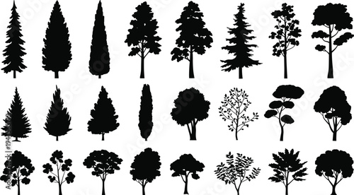 Collection of black and white silhouettes of various trees and shrubs in different shapes and sizes