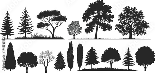 Collection of black and white silhouettes of various trees and shrubs on a plain background