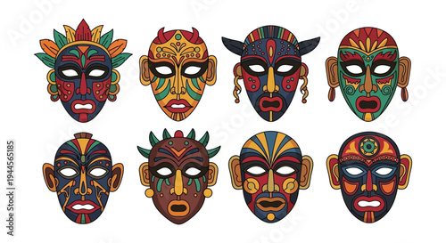 A collection of colorful patterned african tribal masks arranged in rows