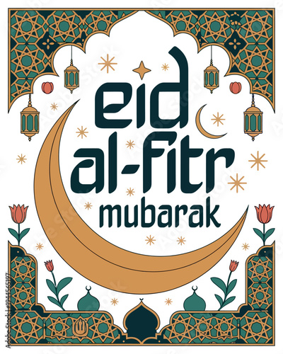 Eid al Fitr Mubarak Calligraphy with Mosque and Crescent Moon Design