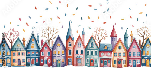 Colorful row of houses with autumn leaves falling in a whimsical village scene