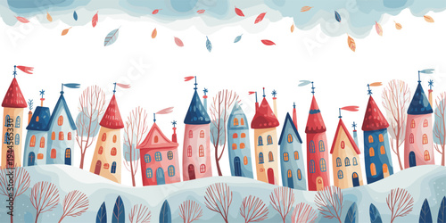 Colorful houses with conical roofs in a whimsical winter landscape with falling leaves and bare trees