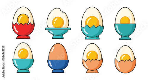 Stylized illustration of cracked and whole eggs in colorful holders