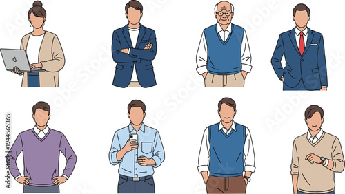 Male Characters Portrait Collection Business and Casual Men Upper Body People Vector Illustration Set