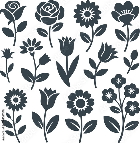 Black Floral Vector Silhouettes Set: Minimalist Flower Icons for Logo Design, Tattoos, and Decorative Patterns