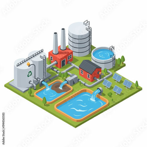 Industrial Water Treatment Plant with Solar Panels.