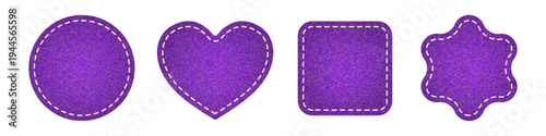 Four purple denim texture patch shapes with dashed line stitching