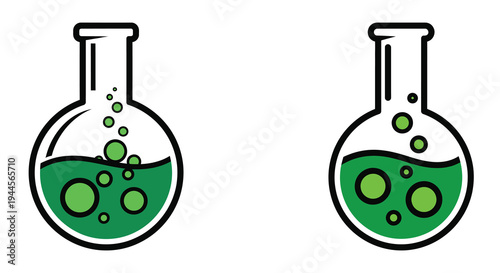 Two green beakers containing bubbling liquid with varying bubble sizes