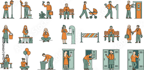 Urban public activity people vector illustration set showing city life tasks including cleaning, repairing, resting, recycling, maintenance workers