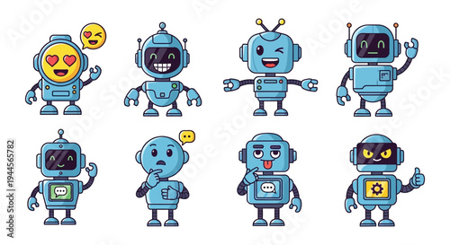 Colorful cartoon robots displaying various emotions and poses in a collection