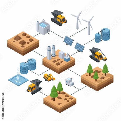 Sustainable resource management and renewable energy integration diagram.