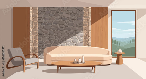 Cozy Living Room with Modern Sofa and Stone Wall, Sunlight Filtering Through Window