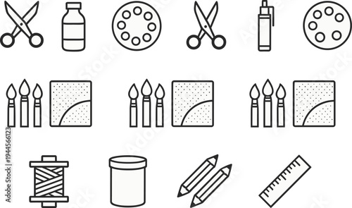 Minimal line icon set of sewing and craft tools including scissors, thread spool, spray bottle, brushes, fabric swatch, pencils and ruler for DIY design projects