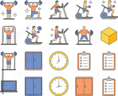 Modern fitness gym icon set with workout equipment, treadmill running, weightlifting athlete training, clocks, lockers and checklist symbols for sport apps and exercise routines