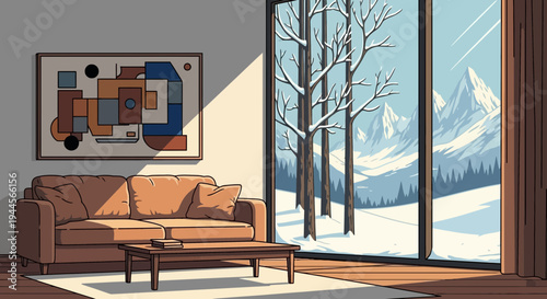Cozy Living Room with Snowy Mountain View Through Large Window
