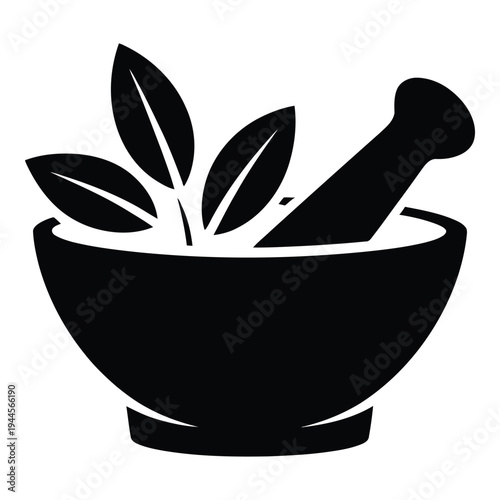 Mortar and pestle with leaves icon for herbal medicine and apothecary with black and white with white background