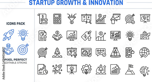 Startup Growth & Innovation Icons — Business Development, Entrepreneurship, Innovation, Marketing, Strategy, Investment, Editable Stroke Vector Icons for Designers