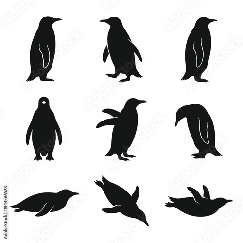 Penguin Silhouette Vector Set - Penguin Poses and Swimming Actions