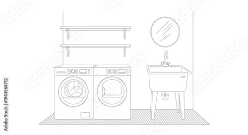 Line drawing of a modern laundry room with washer, dryer, utility sink, and shelves.