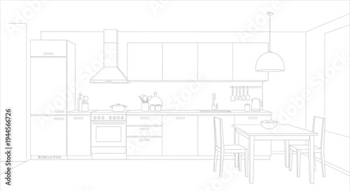 Detailed line drawing of a modern kitchen interior with appliances, cabinets, and dining area.