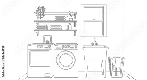 Line art illustration of a modern laundry room with a washer, dryer, utility sink, shelves, and a window.