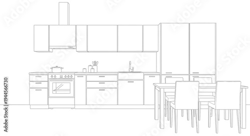 Architectural line drawing of a modern kitchen and dining area layout.