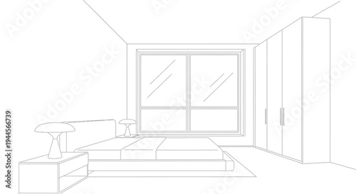 A line drawing of a modern bedroom with a large window, bed, nightstands, and wardrobe.