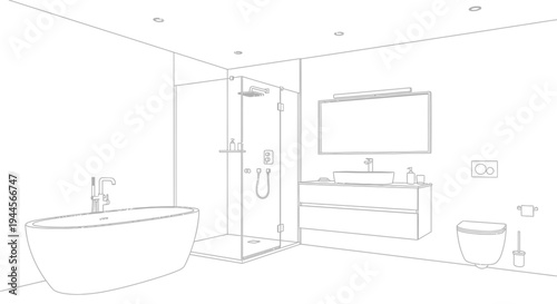 Detailed line drawing of a modern bathroom interior featuring a freestanding tub, glass shower, vanity, and toilet.