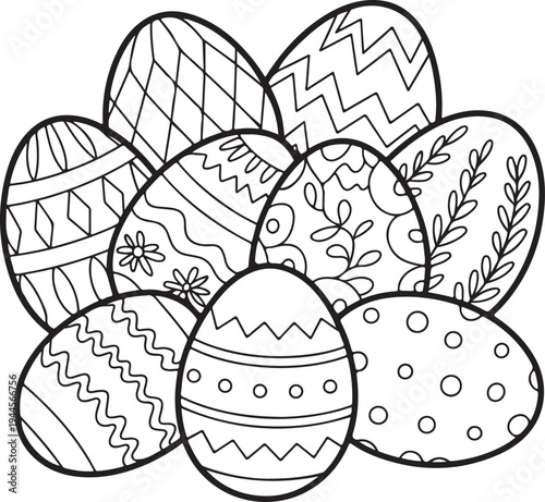 Easter egg icon set. Features cracked shell .Decorated Easter Eggs Collection Illustration  ,decorated patterns, and chocolate egg with ribbon bow. Black linear vector with editable stroke. Minimalist