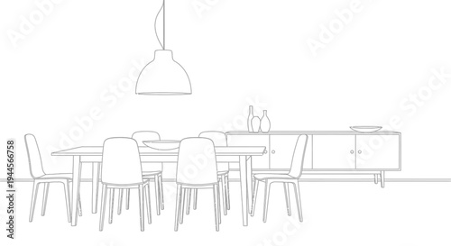 Line drawing of a modern dining room interior with a large table, chairs, a sideboard, and a pendant lamp.