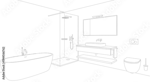Line drawing of a modern bathroom interior featuring a freestanding tub, shower, vanity, and toilet.