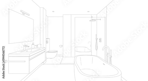 Detailed line drawing of a modern bathroom interior with a freestanding tub, shower, and double vanity.
