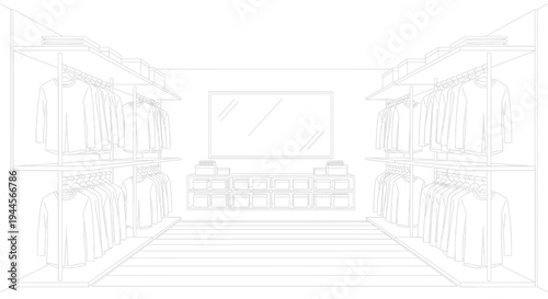Line art drawing of a modern walk-in closet with clothes racks, shelves, and a mirror.
