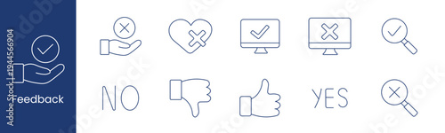 Feedback rating approval set icon. Check hand cross heart monitor magnifier no thumb yes depict review evaluation satisfaction response.