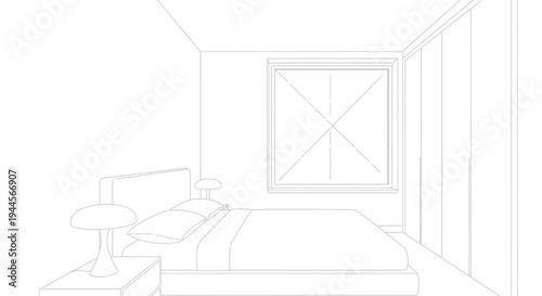 Architectural line drawing of a modern bedroom interior with a bed, bedside tables, lamps, window, and wardrobe.