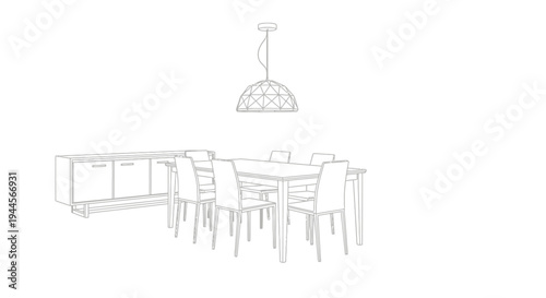 Line drawing of a modern dining room with a table, six chairs, a sideboard, and a pendant light fixture.