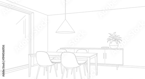 Line art drawing of a modern dining room interior with table, chairs, sideboard, and hanging lamp.
