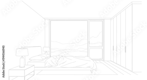 Line drawing of a modern bedroom interior with a bed, bedside table, lamp, and large window.