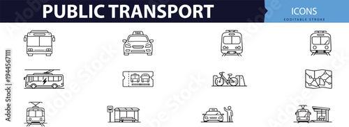 Public transport icons and vehicles illustrations