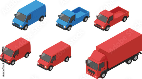 Isometric delivery trucks and cargo vans set, logistics transport vehicles collection, shipping service concept, commercial transportation illustration